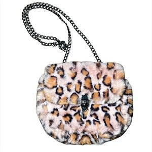 Pink cheetah print with chrome accent chained faux fur purse